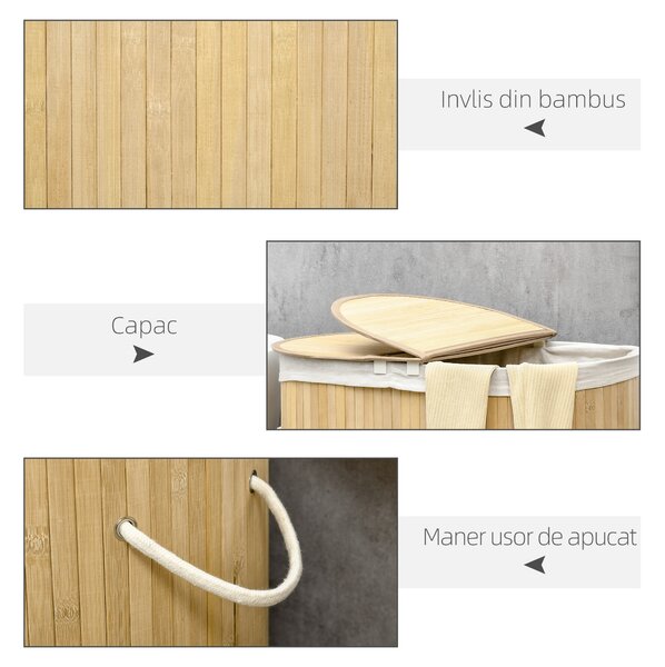 HOMCOM Coș de Rufe din Bambus cu Capac, 100L, 2 Compartimente, 62.5x37x60.5 cm, Natural | Aosom Romania