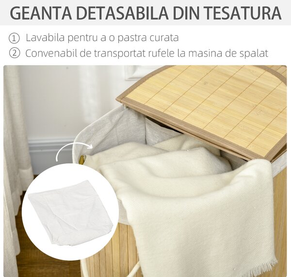 HOMCOM Coș de Rufe din Bambus cu Capac, 100L, 2 Compartimente, 62.5x37x60.5 cm, Natural | Aosom Romania