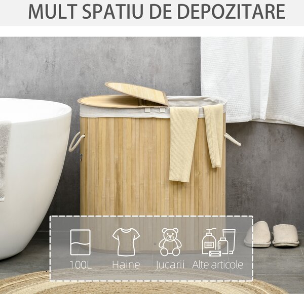HOMCOM Coș de Rufe din Bambus cu Capac, 100L, 2 Compartimente, 62.5x37x60.5 cm, Natural | Aosom Romania