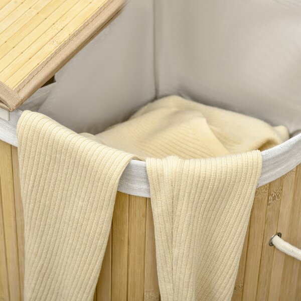 HOMCOM Coș de Rufe din Bambus cu Capac, 100L, 2 Compartimente, 62.5x37x60.5 cm, Natural | Aosom Romania
