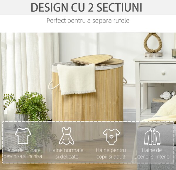 HOMCOM Coș de Rufe din Bambus cu Capac, 100L, 2 Compartimente, 62.5x37x60.5 cm, Natural | Aosom Romania