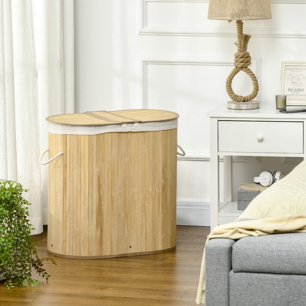 HOMCOM Coș de Rufe din Bambus cu Capac, 100L, 2 Compartimente, 62.5x37x60.5 cm, Natural | Aosom Romania