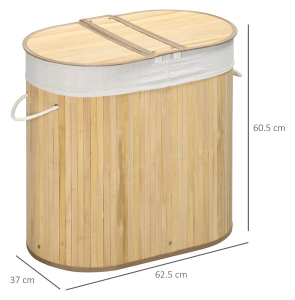 HOMCOM Coș de Rufe din Bambus cu Capac, 100L, 2 Compartimente, 62.5x37x60.5 cm, Natural | Aosom Romania