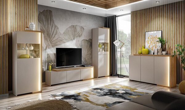 Vitrina DASAR, grej/stejar, PAL laminat/sticla, 64x40x203 cm