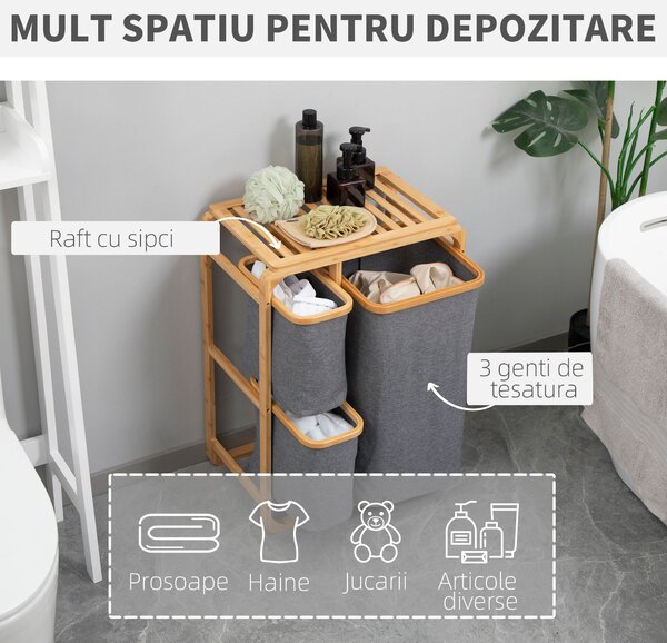Cos de rufe din bambus HOMCOM, 3 pungi glisante, material textil | Aosom Romania
