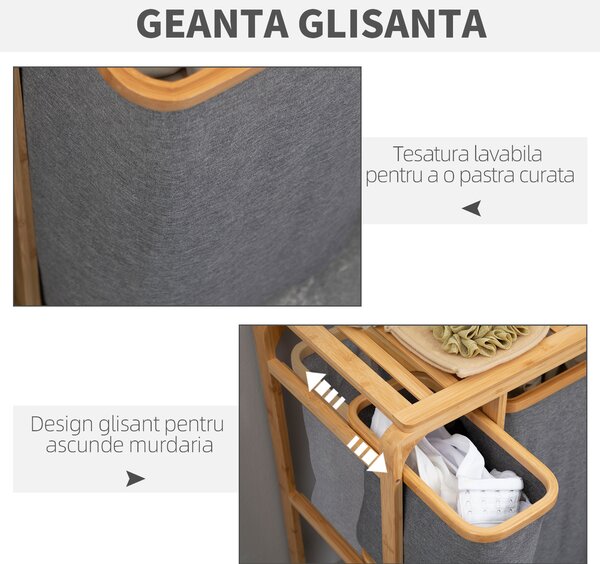 Cos de rufe din bambus HOMCOM, 3 pungi glisante, material textil | Aosom Romania