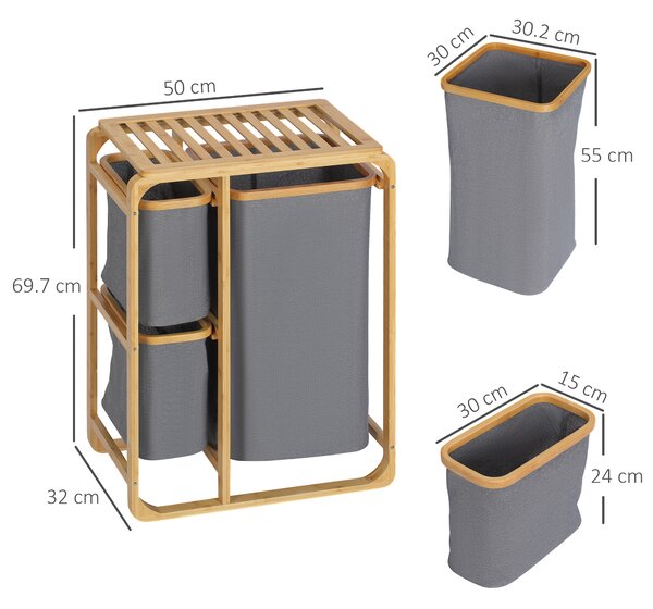 Cos de rufe din bambus HOMCOM, 3 pungi glisante, material textil | Aosom Romania