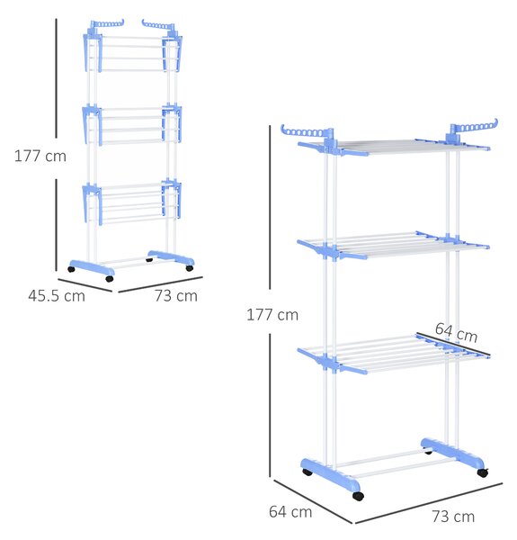 Uscator de rufe extensibil HOMCOM pe 4 niveluri cu 4 roti, din otel si pp, 73x64x177 cm, Albastru si Argintiu | Aosom Romania