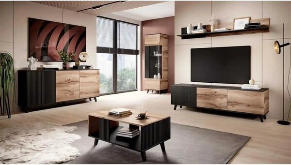 Comoda TV RANDOM, stejar wotan/negru, PAL furniruit, 180x40x52 cm
