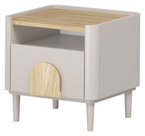 Noptieră Amilio 50 cm pe picioare - cașmir / stejar uleiat / mânere stejar deschis
