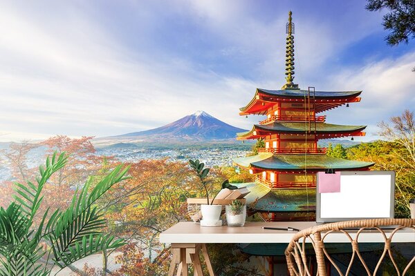 Fototapet vedere la Pagoda Chureito și muntele Fuji