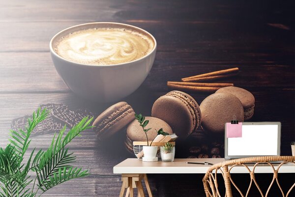 Fototapet cafea cu macarons de ciocolată