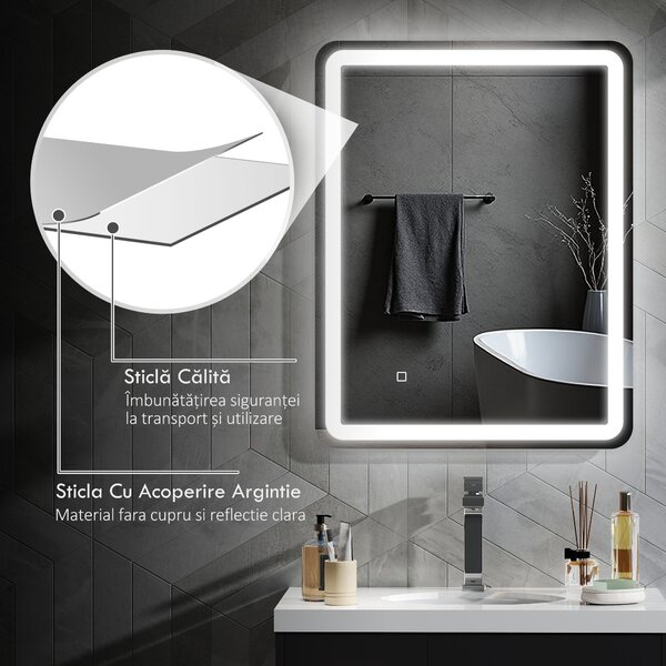 Kleankin Oglinda pentru baie cu lumini LED, 70 x 50 cm | Aosom Romania