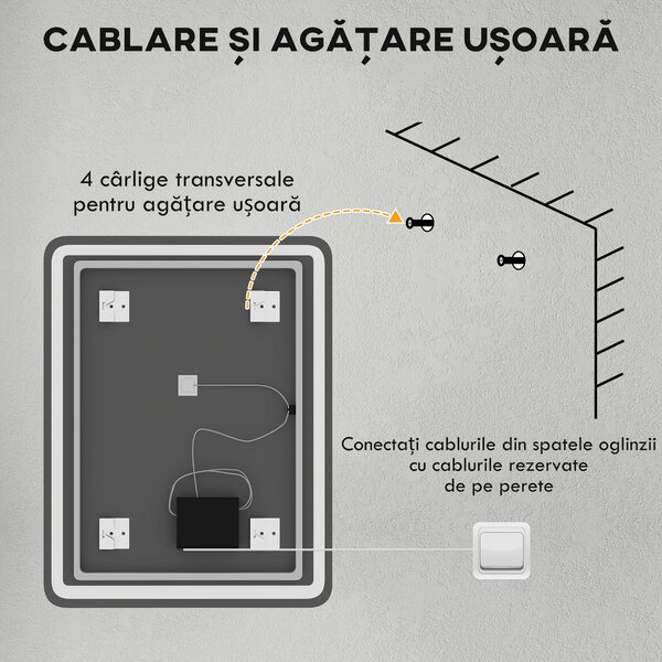 Kleankin Oglinda pentru baie cu lumini LED, 70 x 50 cm | Aosom Romania