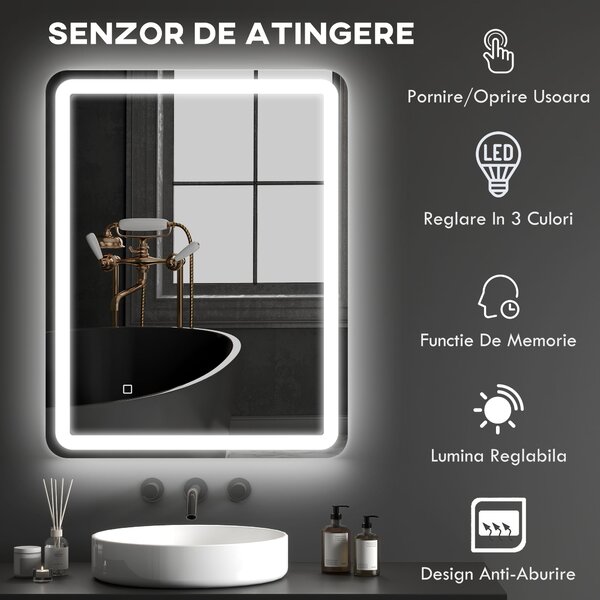 Kleankin Oglinda pentru baie cu lumini LED, 70 x 50 cm | Aosom Romania