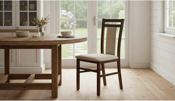 Scaun tapitat HUBERT 8, bej/nuc, stofa clasica/lemn, 45x51x90 cm