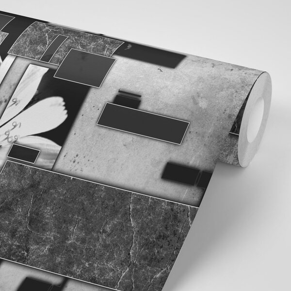Tapet abstracție florală în alb-negru