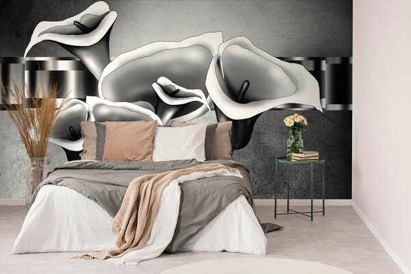 Tapet flori calla lilly elegante în alb-negru