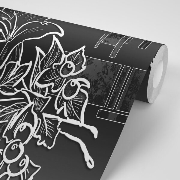 Tapet ilustrație florală în alb-negru