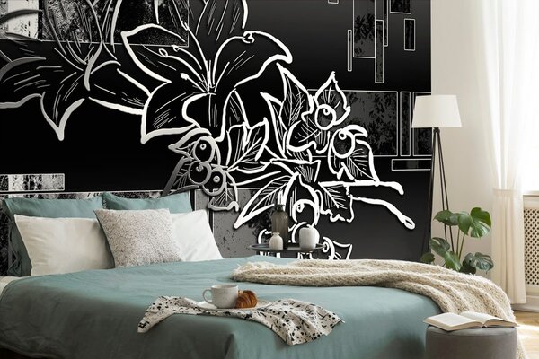 Tapet ilustrație florală în alb-negru
