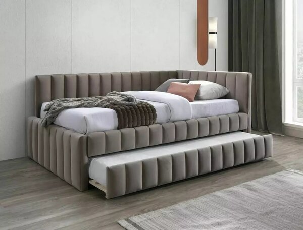 Divan 120 x 200 ALFIE, stofa catifelata bej - Bluvel 40, cu somiera si