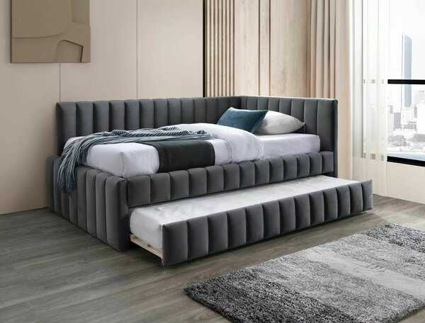Divan 120x200 ALFIE, stofa catifelata gri - Bluvel 14, cu somiera si c