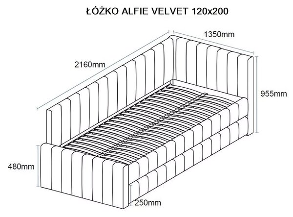 Divan 120x200 ALFIE, stofa catifelata gri - Bluvel 14, cu somiera si c
