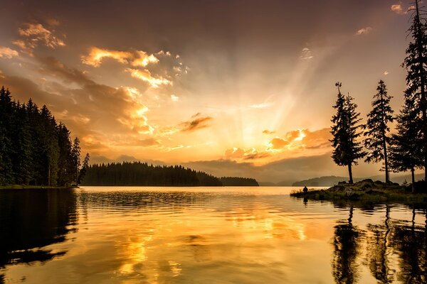 Fototapet reflectare în lac de munte