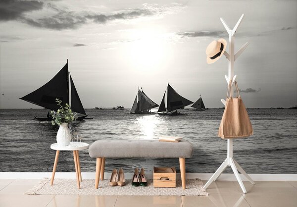 Fototapet apus de soare la mare în design alb-negru
