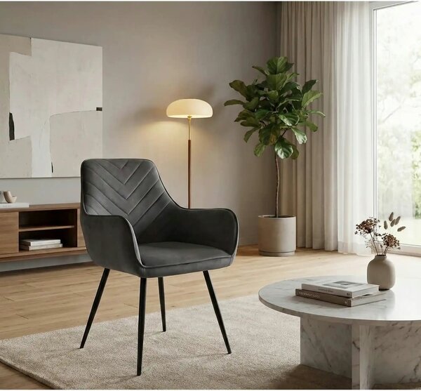 Scaun FIG, gri/negru, stofa catifelata/metal, 57x47x85 cm