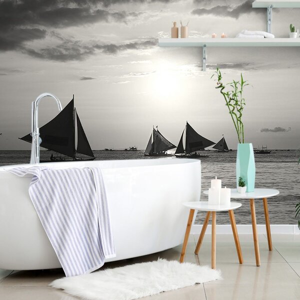 Fototapet apus de soare la mare în design alb-negru