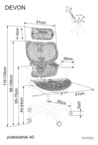 Scaun birou DEVON, gri/alb, plasa/metal, 68x50x119/129 cm