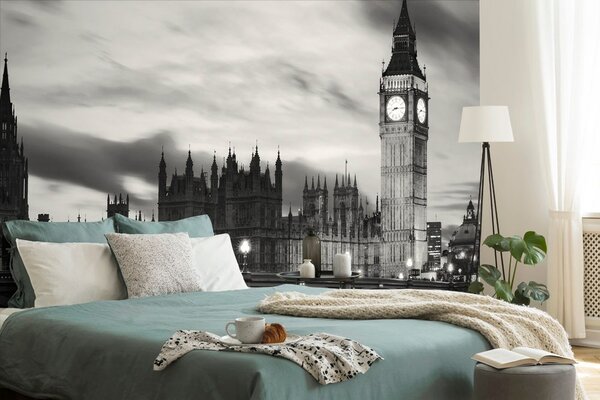 Fototapet Big Ben nocturn în Londra în alb-negru