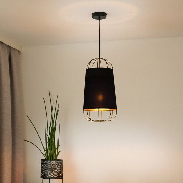 Duolla Lampă suspendată Lantern mică, textil, metal, negru, reglabil, Negru, Camera de zi / sufragerie, Țesătură / Textil