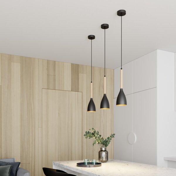 Luminex Lampă suspendată Muza, negru/lemn deschis, Ø 11 cm, reglabil, Negru, Camera de zi / sufragerie, Metal, Modern