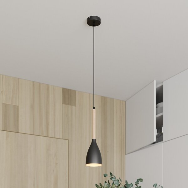 Luminex Lampă suspendată Muza, negru/lemn deschis, Ø 11 cm, reglabil, Negru, Camera de zi / sufragerie, Metal, Modern