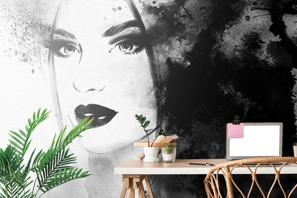 Tapet portret feminin la modă în design alb-negru