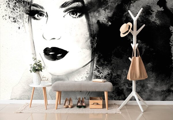 Tapet portret feminin la modă în design alb-negru