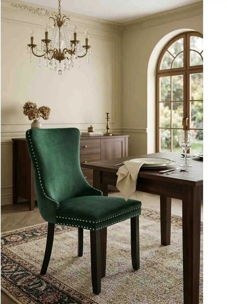 Scaun ALDA, verde inchis/negru, stofa catifelata/lemn, 50x62x95 cm