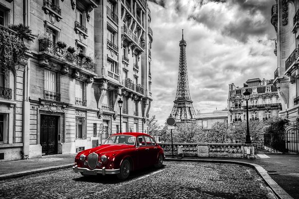 Fototapet mașină retro roșie în Paris