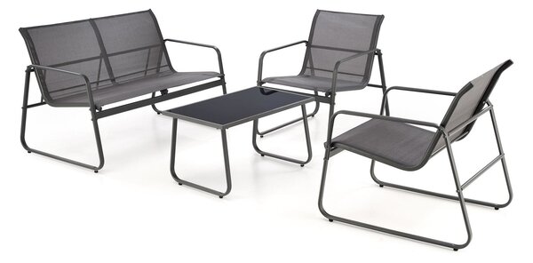 Set gradina CONOR, gri, plasa/sticla/metal, cu masuta, 2 scaune si can