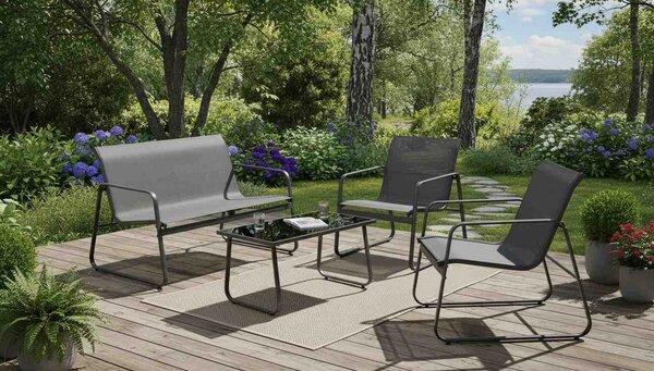 Set gradina CONOR, gri, plasa/sticla/metal, cu masuta, 2 scaune si can