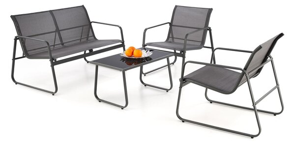 Set gradina CONOR, gri, plasa/sticla/metal, cu masuta, 2 scaune si can