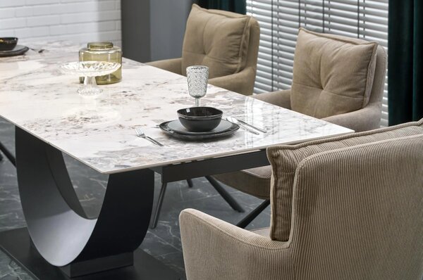 Masa living lux FERNANDO, alb/negru, ceramica/metal, 160/240x92x75 cm