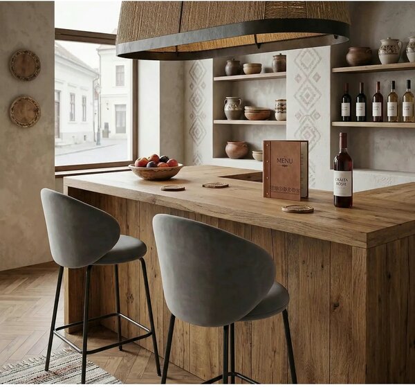 Scaun bar H121, gri - Mavel 14/negru, stofa catifelata/metal, 51x50x92