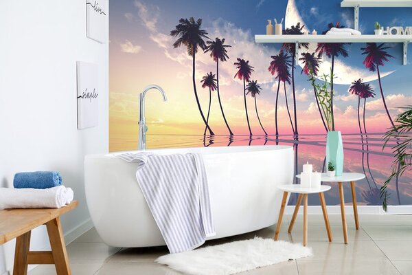 Tapet apusde soare deasupra palmierilor tropicali