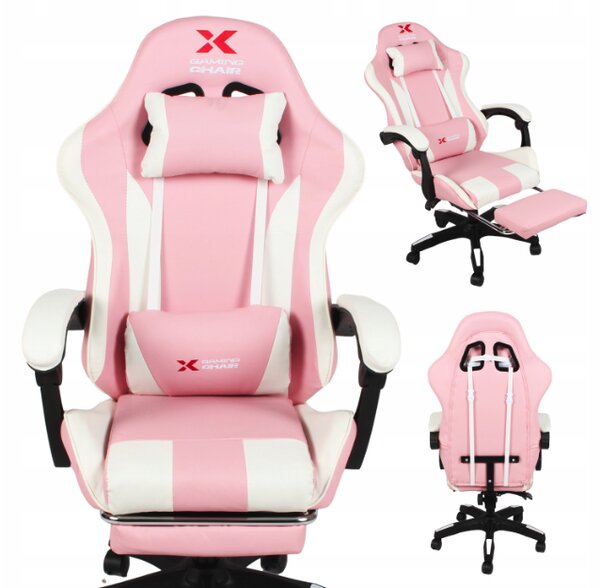 Scaun de gaming Xgaming cu suport pentru picioare - roz și alb