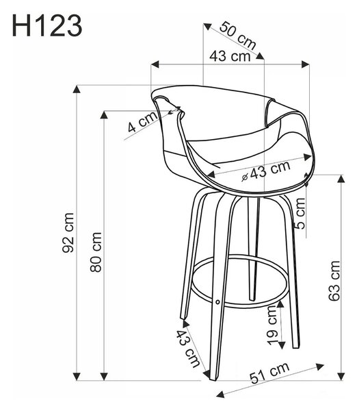 Scaun bar lemn spatar H123, negru/nuc, piele ecologica, 55x51x91 cm