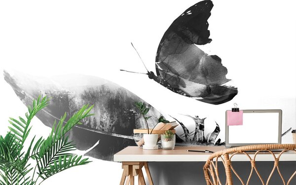 Tapet pană cu fluture în design alb-negru