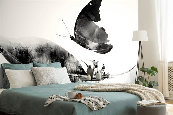 Tapet pană cu fluture în design alb-negru
